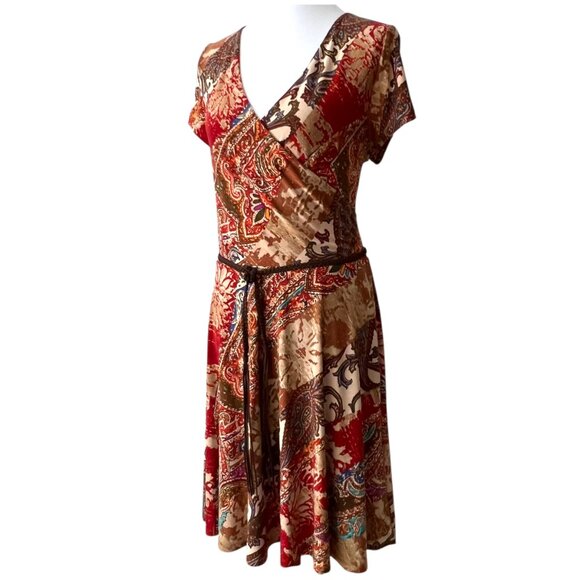 Lauren Ralph Lauren XL Dress Fall Boho Faux Wrap Stretch Patchwork Paisley belt - Picture 13 of 15
